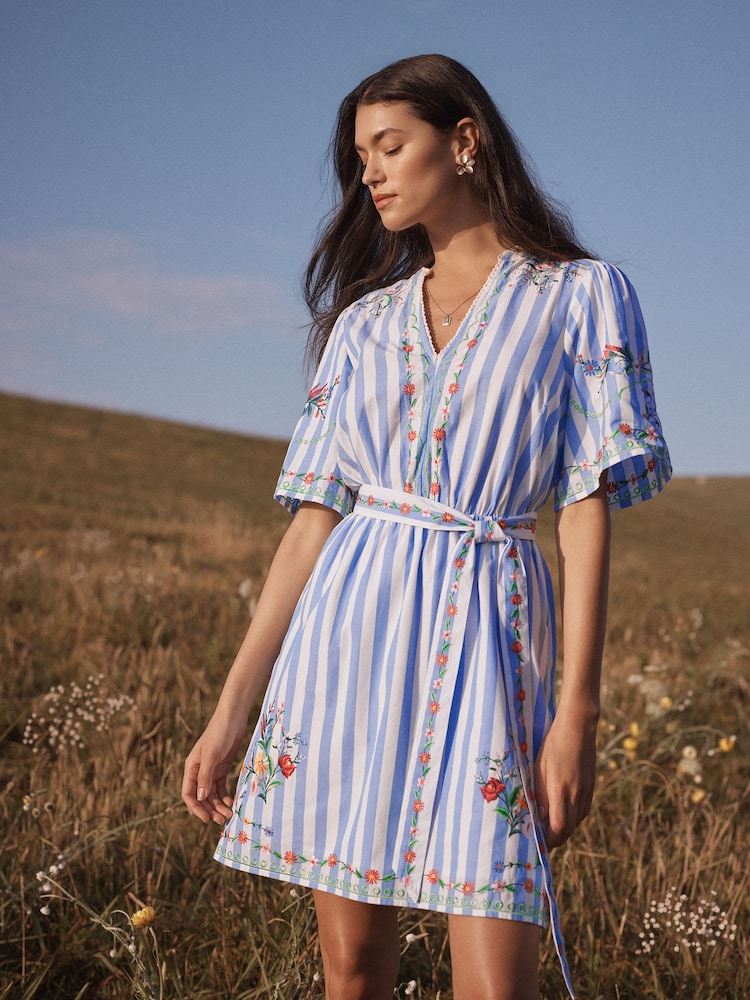 Womens Love & Roses x RHS Blue Stripe Floral Embroidered V-Neck Shirt Mini Dress US 12
