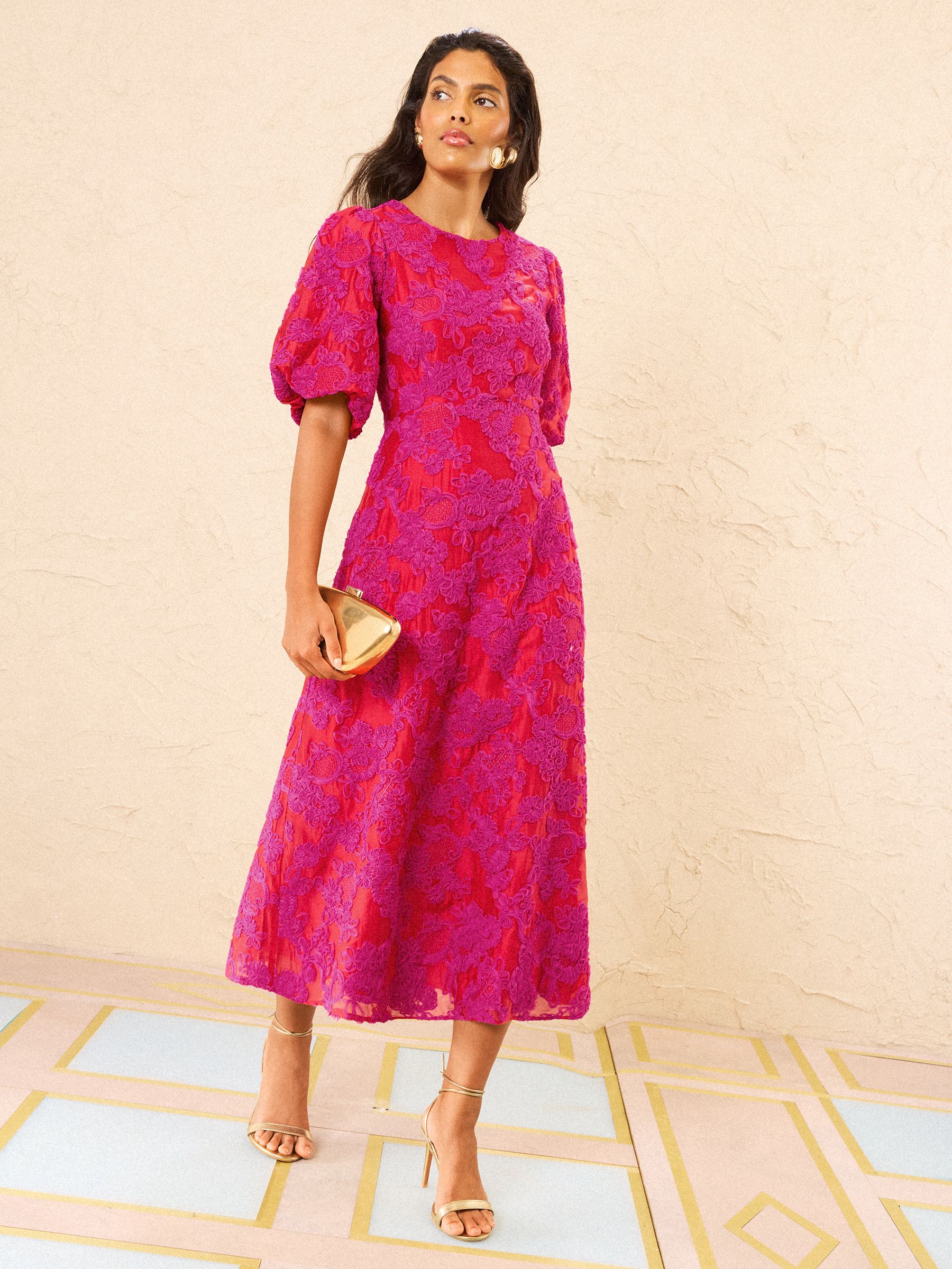 Buy Love & Roses Red Textured Puff Sleeve Crew Neck Midi Dress