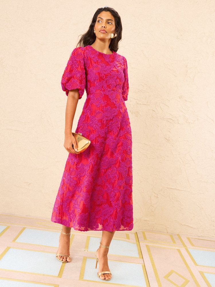 Love & Roses Red Textured Puff Sleeve Crew Neck Midi Dress - Image 1 of 5 Love & Roses Red Textured Puff Sleeve Crew Neck Midi Dress - Image 1 of 5
