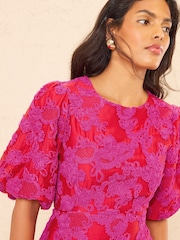 Love & Roses Red Textured Puff Sleeve Crew Neck Midi Dress - Image 2 of 5