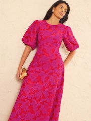 Love & Roses Red Textured Puff Sleeve Crew Neck Midi Dress - Image 3 of 5