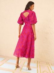 Love & Roses Red Textured Puff Sleeve Crew Neck Midi Dress - Image 4 of 5