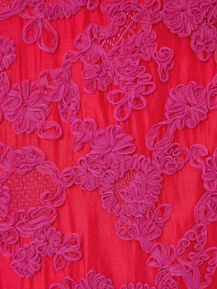 Love & Roses Red Textured Puff Sleeve Crew Neck Midi Dress - Image 5 of 5 Love & Roses Red Textured Puff Sleeve Crew Neck Midi Dress - Image 5 of 5
