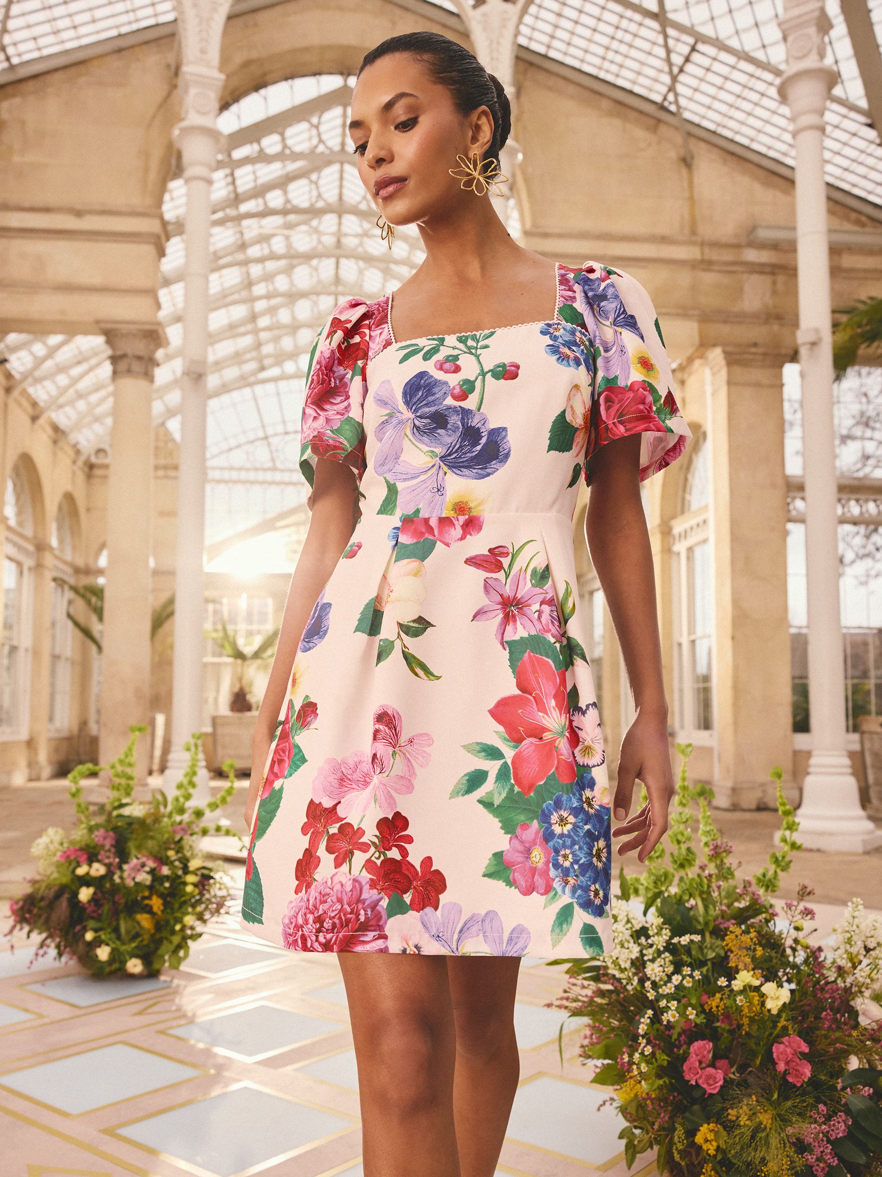 Buy Love & Roses x RHS Ivory Floral Structured Puff Sleeve Mini