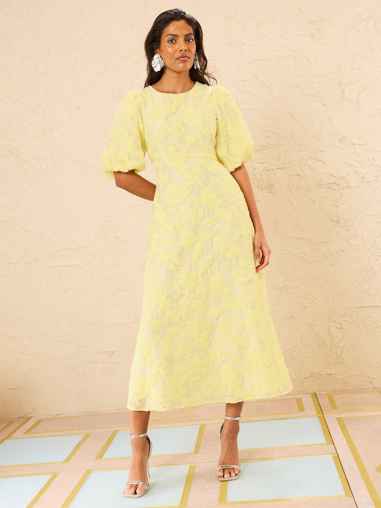 Love & Roses Yellow Textured Puff Sleeve Crew Neck Midi Dress - Image 1 of 5
