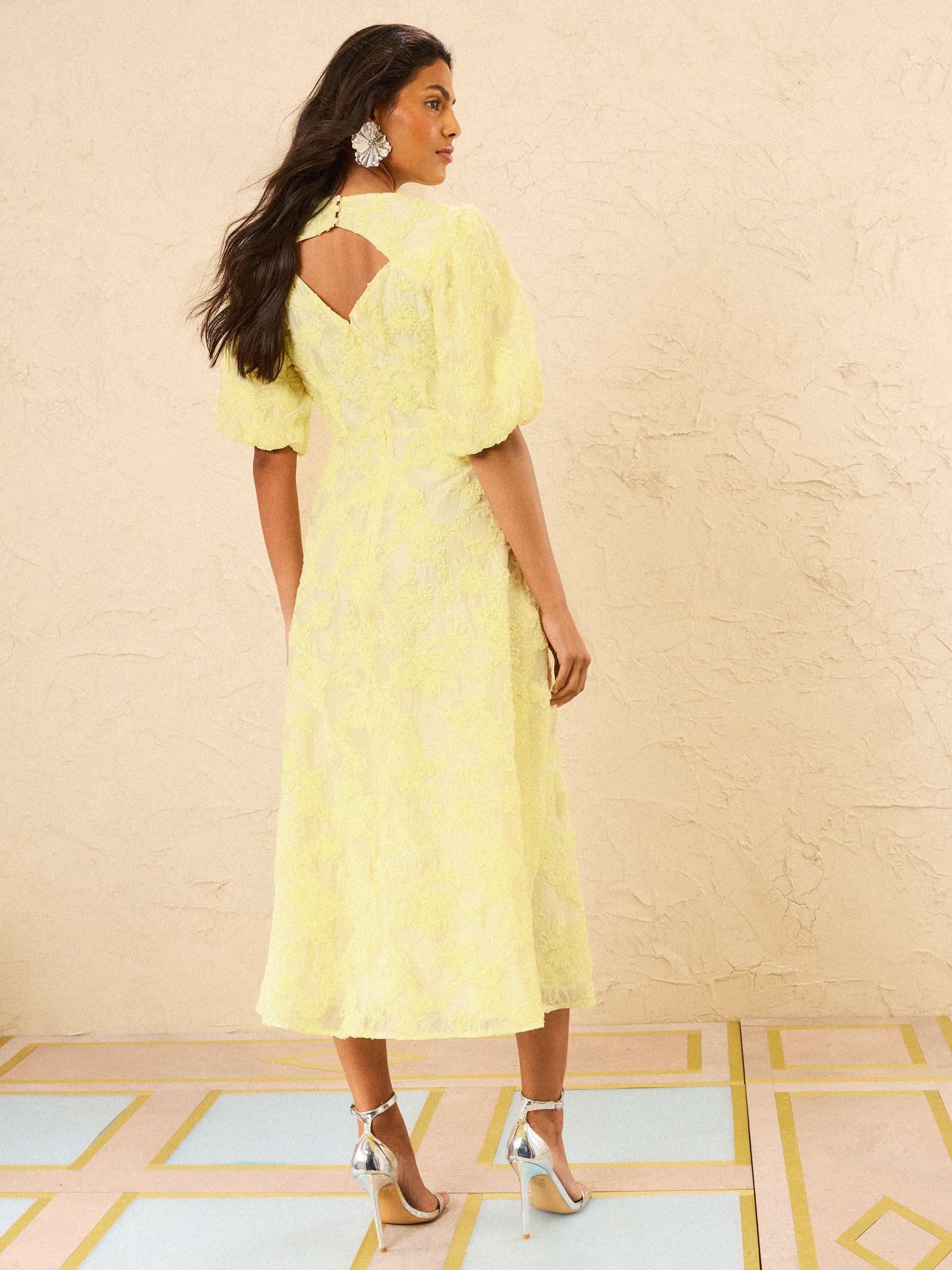 Buy Love & Roses Yellow Textured Puff Sleeve Crew Neck Midi Dress