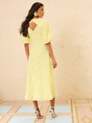 Love & Roses Yellow Textured Puff Sleeve Crew Neck Midi Dress - Image 3 of 5