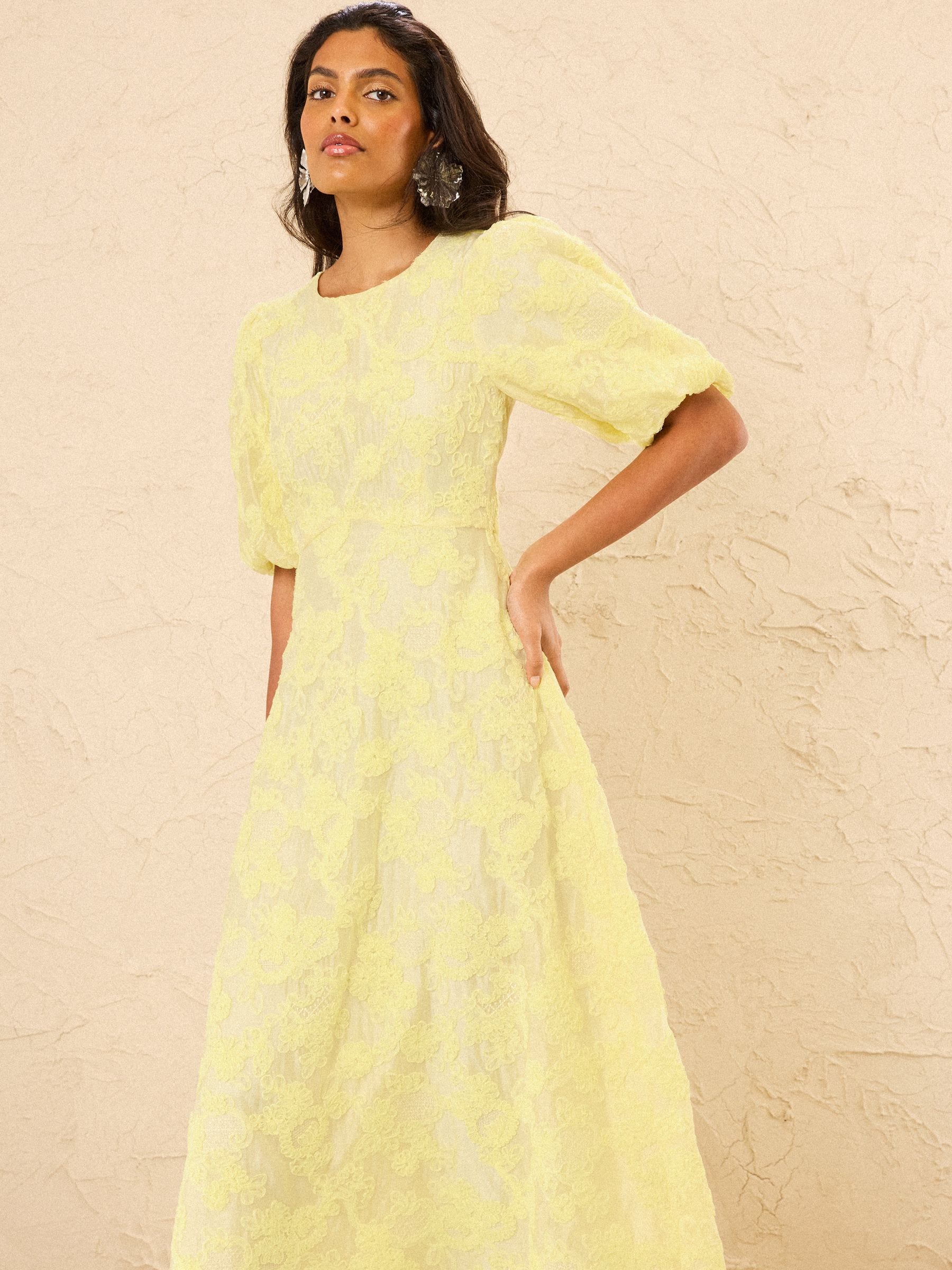 Buy Love & Roses Yellow Textured Puff Sleeve Crew Neck Midi Dress