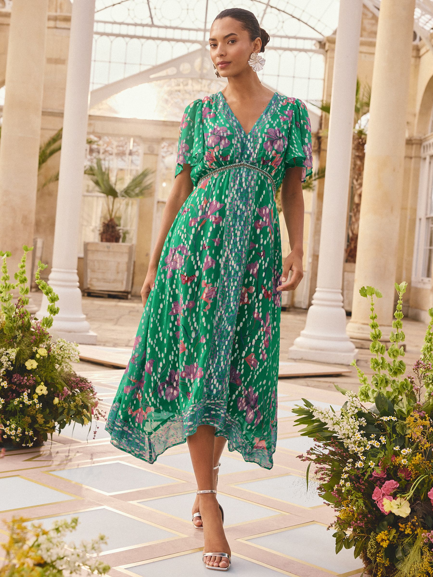 Buy Love & Roses x RHS Floral Green Metallic Trim Hanky Hem Midi Dress from  the Next UK online shop