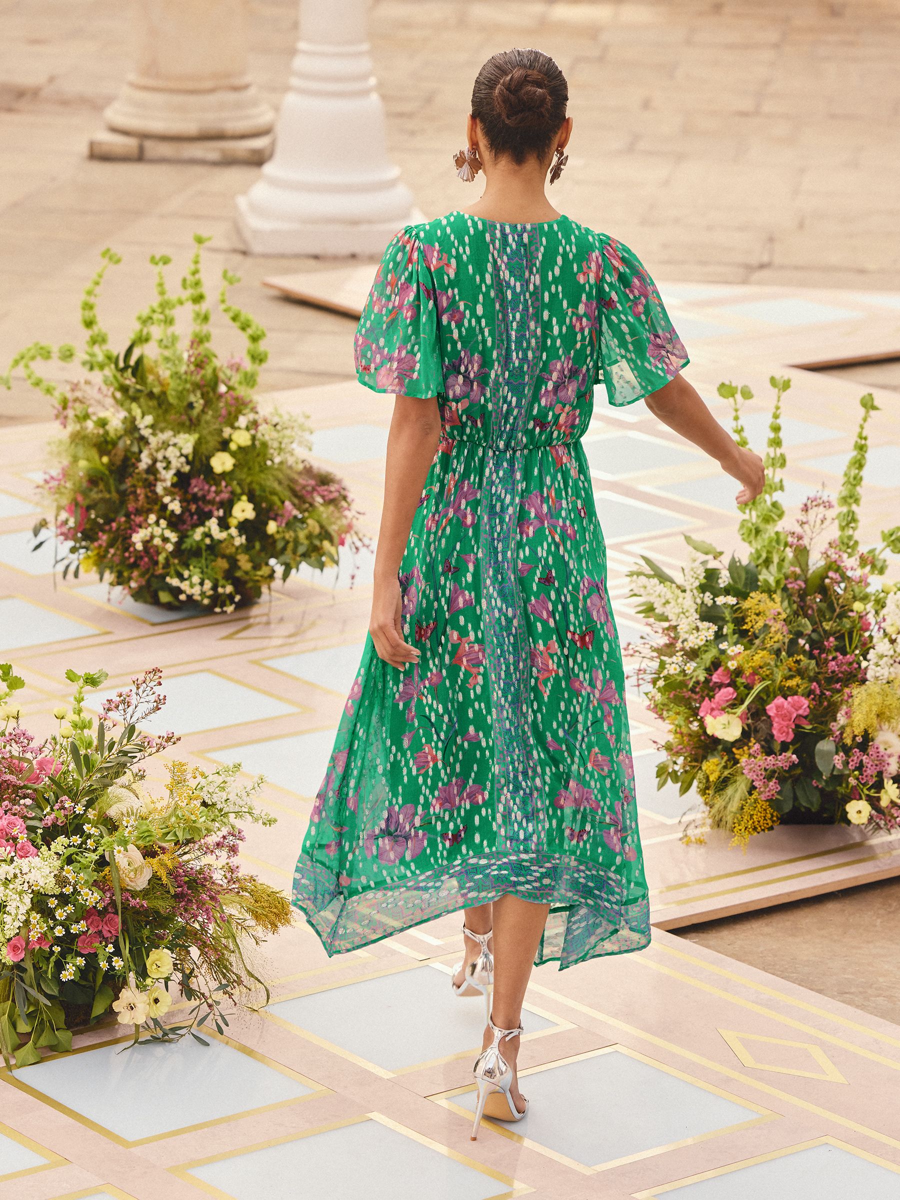 Buy Love & Roses x RHS Floral Green Metallic Trim Hanky Hem Midi