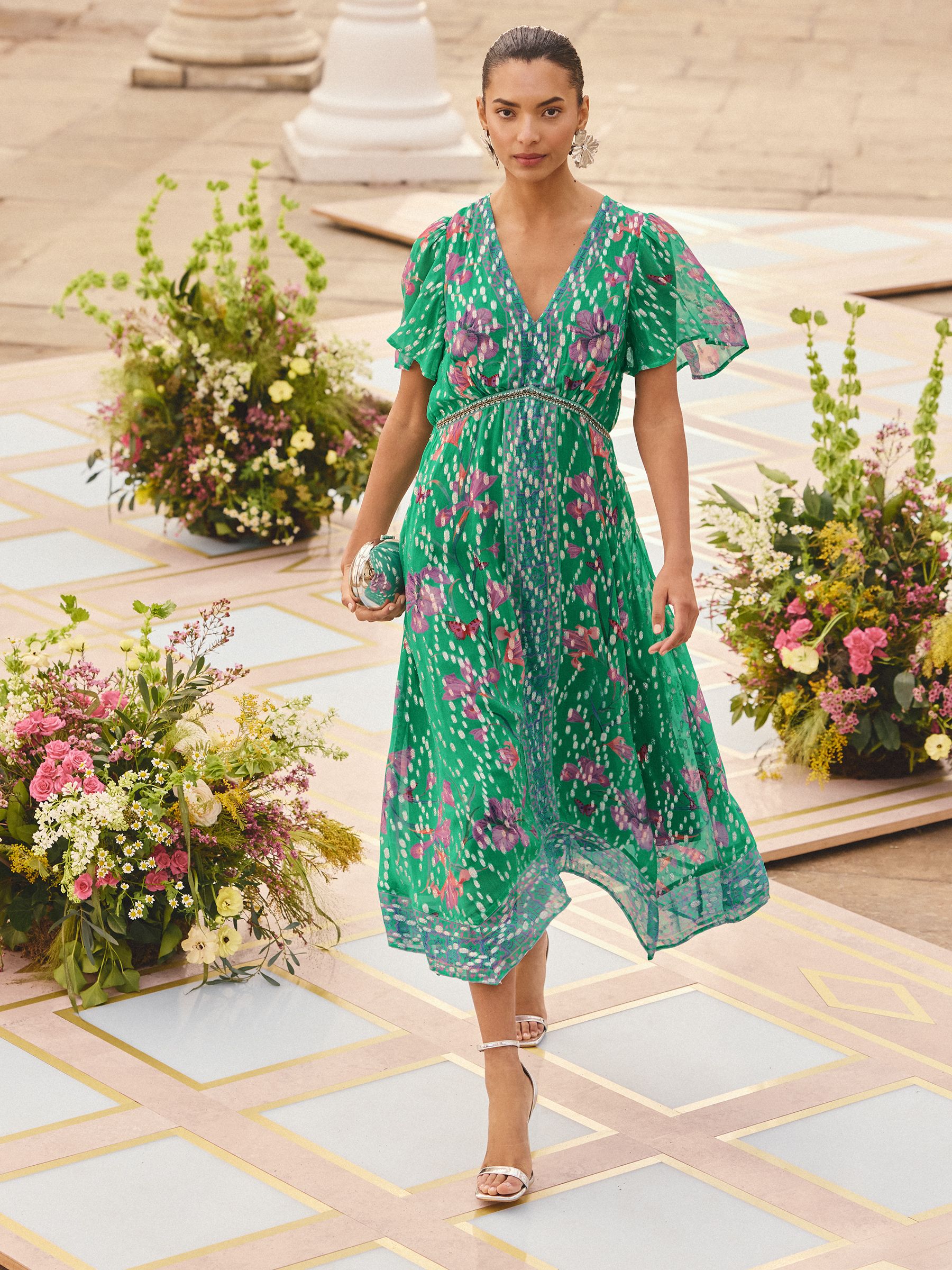 Buy Love & Roses x RHS Floral Green Metallic Trim Hanky Hem Midi