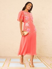 Love & Roses Pink Floral Embroidery Crinkle Chiffon Angel Sleeve Midi Dress - Image 1 of 5