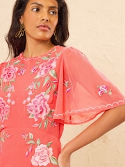 Love & Roses Pink Floral Embroidery Crinkle Chiffon Angel Sleeve Midi Dress - Image 2 of 5
