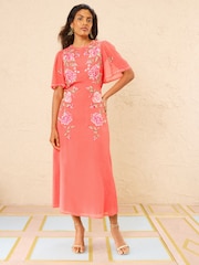 Love & Roses Pink Floral Embroidery Crinkle Chiffon Angel Sleeve Midi Dress - Image 3 of 5