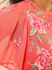 Love & Roses Pink Floral Embroidery Crinkle Chiffon Angel Sleeve Midi Dress - Image 5 of 5