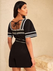 Love & Roses Black Ric Rac Square Neck Playsuit - Image 4 of 4