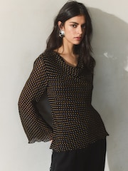 BHOEM Shawl Collar Micro Print Flowy Black Blouse - Image 1 of 4