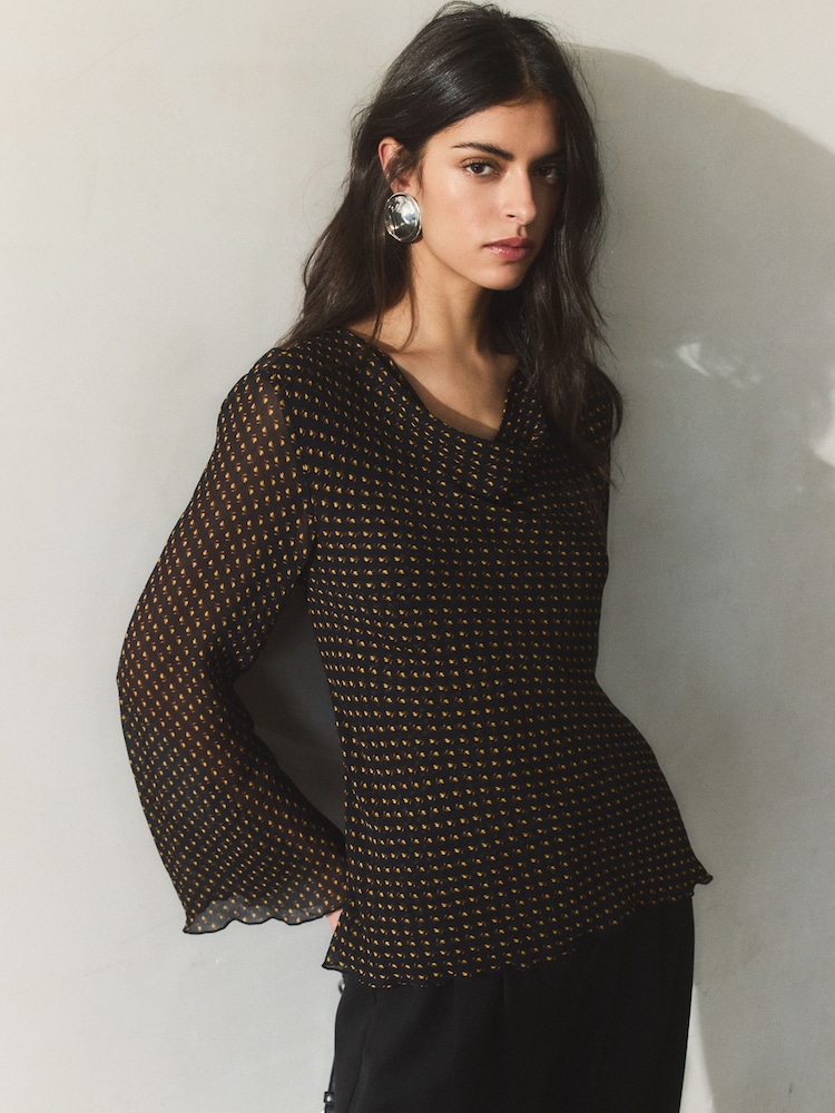 BHOEM Shawl Collar Micro Print Flowy Black Blouse - Image 1 of 4 BHOEM Shawl Collar Micro Print Flowy Black Blouse - Image 1 of 4