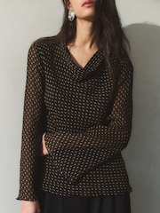 BHOEM Shawl Collar Micro Print Flowy Black Blouse - Image 2 of 4