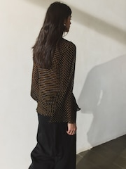 BHOEM Shawl Collar Micro Print Flowy Black Blouse - Image 3 of 4