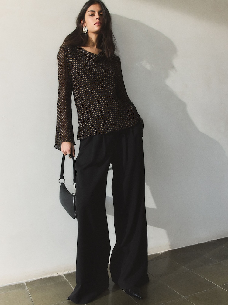 BHOEM Shawl Collar Micro Print Flowy Black Blouse - Image 4 of 4 BHOEM Shawl Collar Micro Print Flowy Black Blouse - Image 4 of 4