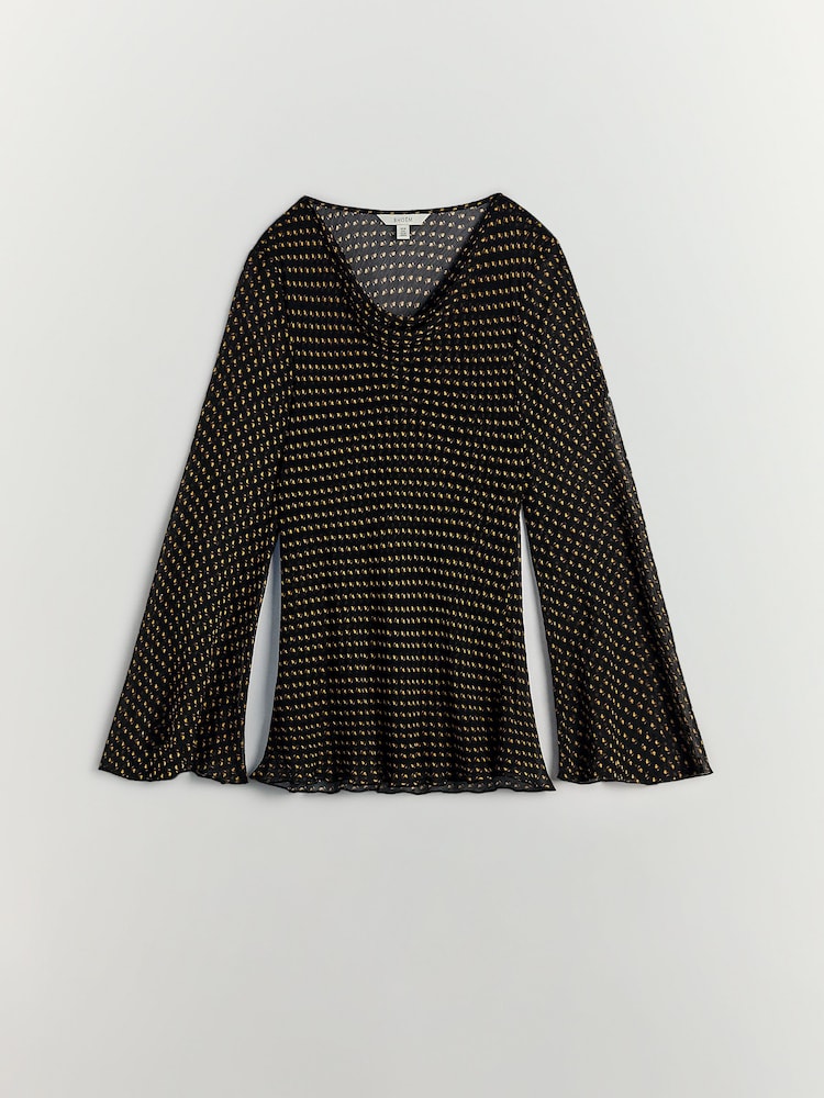 BHOEM Shawl Collar Micro Print Flowy Black Blouse - Image 5 of 5