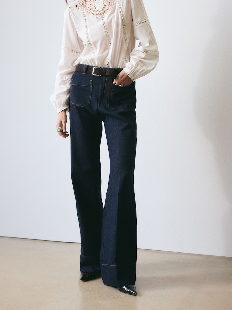 BHOEM Denim Patch Pocket Mid Rise Flare Trousers - Image 1 of 5