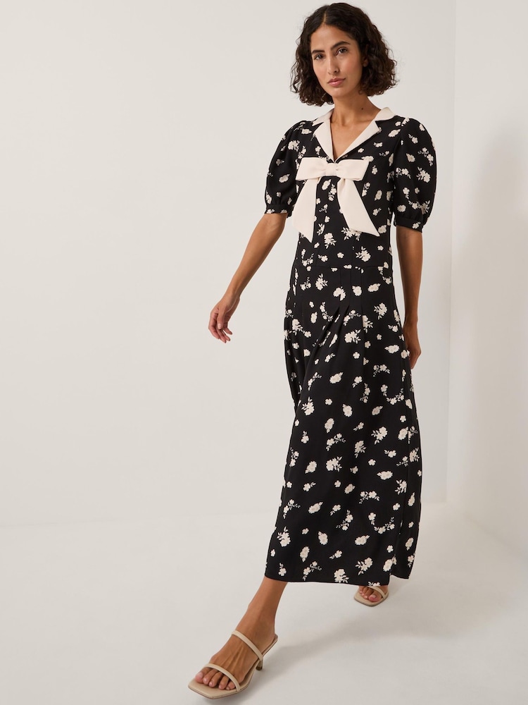Monsoon Black Mabli Floral Bow Midi Tea Dress - Image 1 of 7