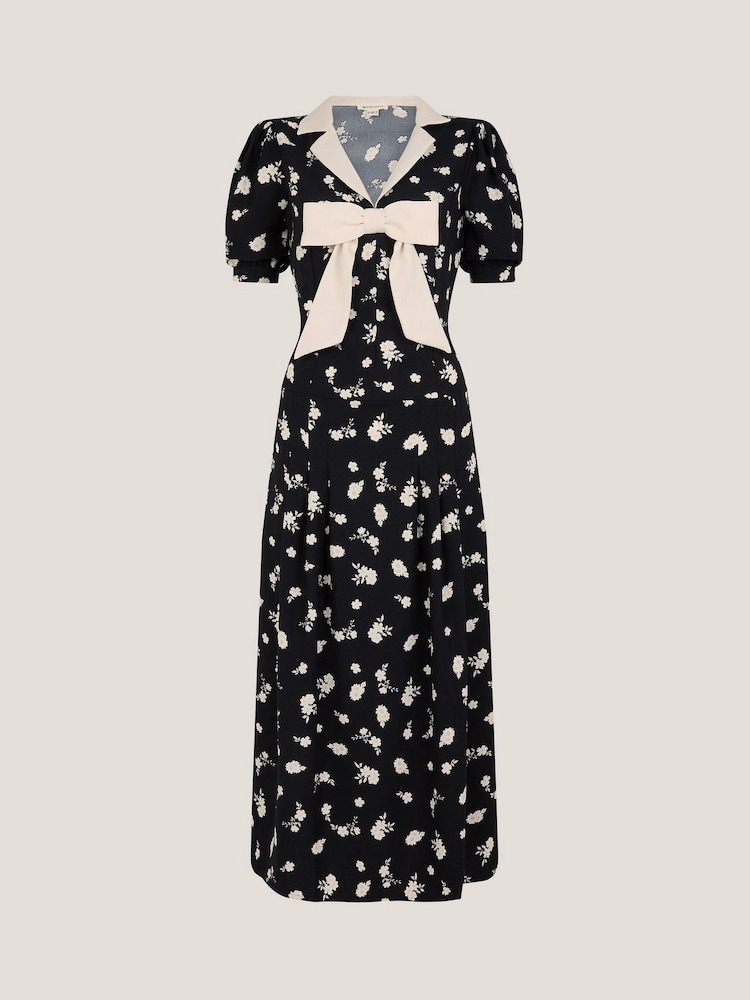 Monsoon Black Mabli Floral Bow Midi Tea Dress - Image 7 of 7