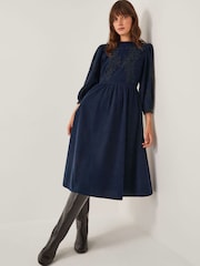 Monsoon Blue Leona Embroidered Corduroy Midi Dress - Image 1 of 4