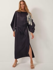 Monsoon Black Emilia Floral Satin Kimono Dress - Image 1 of 4