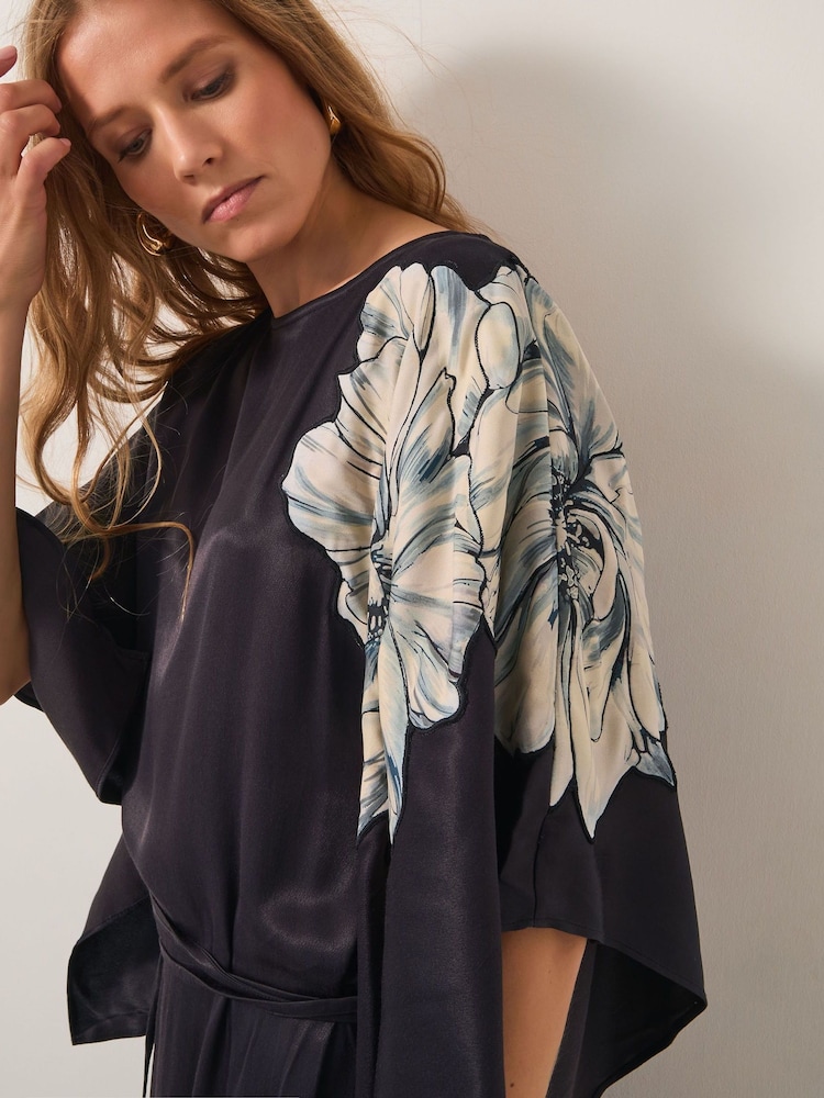 Monsoon Black Emilia Floral Satin Kimono Dress - Image 4 of 4