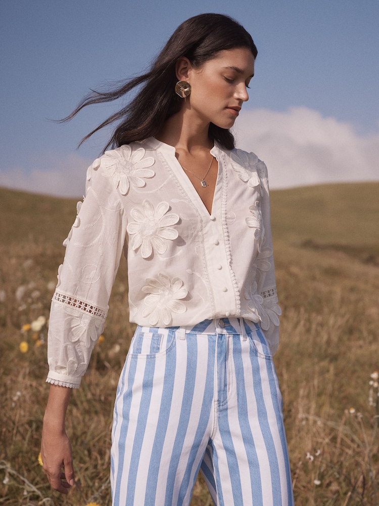 Love & Roses Ivory Petite 3D Flower V-Neck Blouse - Image 2 of 4