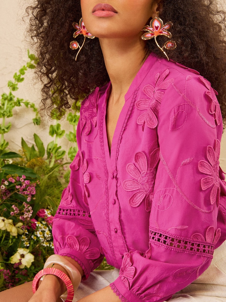 Love & Roses Pink Petite 3D Flower V-Neck Blouse - Image 4 of 4