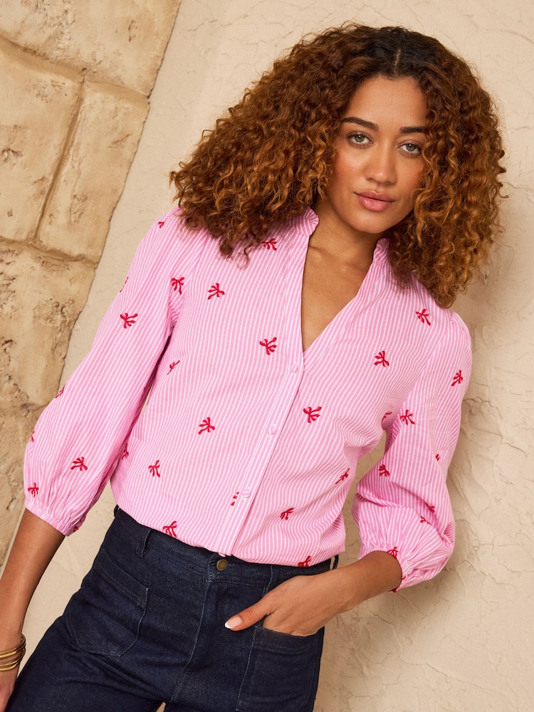 Love & Roses Pink Petite Pink Stripe Bow Embroidered Blouse - Image 1 of 4