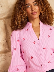 Love & Roses Pink Petite Pink Stripe Bow Embroidered Blouse - Image 2 of 4