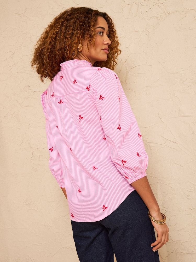 Love & Roses Pink Petite Pink Stripe Bow Embroidered Blouse - Image 4 of 4