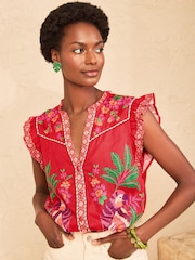 Love & Roses Red Petite Flutter Sleeve Placement Print Blouse - Image 1 of 4