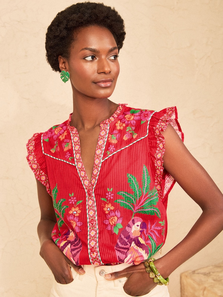 Love & Roses Red Petite Flutter Sleeve Placement Print Blouse - Image 1 of 4