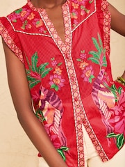 Love & Roses Red Petite Flutter Sleeve Placement Print Blouse - Image 2 of 4