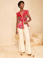 Love & Roses Red Petite Flutter Sleeve Placement Print Blouse - Image 3 of 4