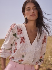 Love & Roses Ivory Petite 3D Floral Print Blouse - Image 1 of 4