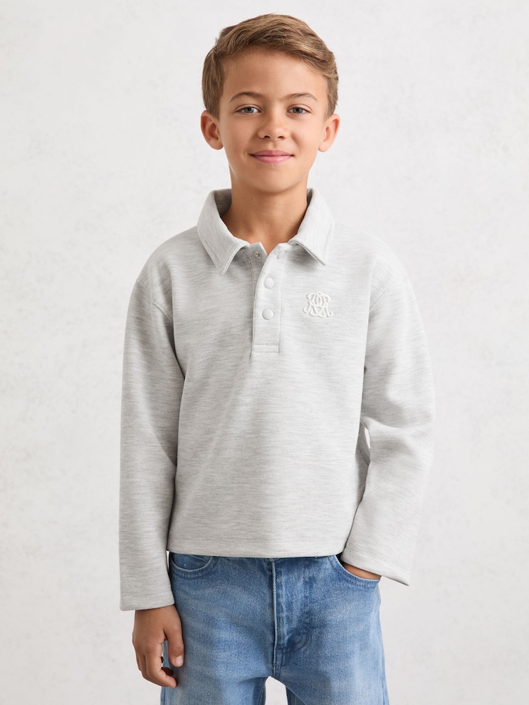 Reiss Soft Grey Melange Willard Monogram Embroidered Polo Shirt - Image 1 of 5 Reiss Soft Grey Melange Willard Monogram Embroidered Polo Shirt - Image 1 of 5