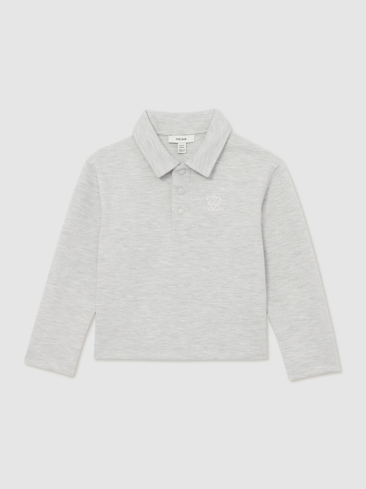 Reiss Soft Grey Melange Willard Monogram Embroidered Polo Shirt - Image 2 of 5 Reiss Soft Grey Melange Willard Monogram Embroidered Polo Shirt - Image 2 of 5