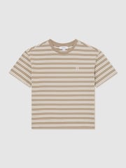 Reiss Taupe/White Emerson 9-13 yrs Cotton Stripe Logo-Embroidered T-Shirt - Image 2 of 3