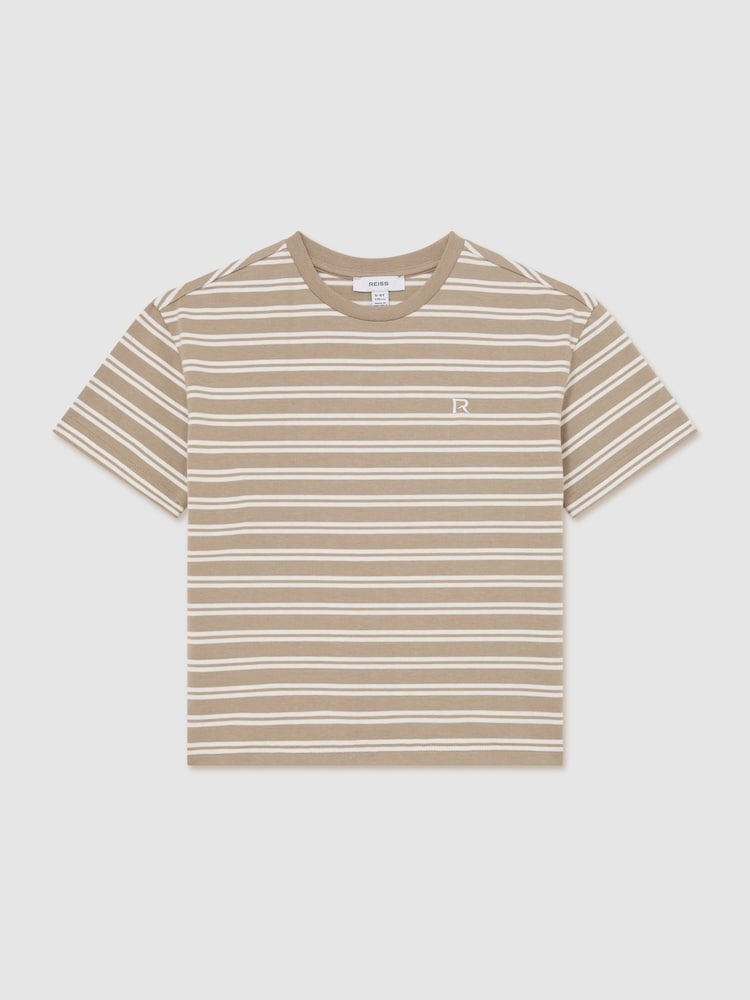 Reiss Taupe/White Emerson 9-13 yrs Cotton Stripe Logo-Embroidered T-Shirt - Image 2 of 3