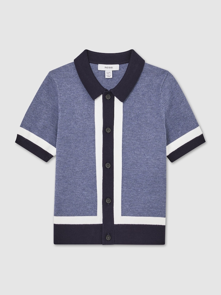 Reiss Navy/Airforce Blue Craig Colour-Block Button-Through Polo Shirt - Image 1 of 4