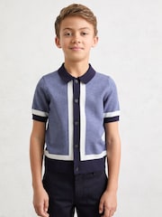 Reiss Navy/Airforce Blue Craig Colour-Block Button-Through Polo Shirt - Image 2 of 4