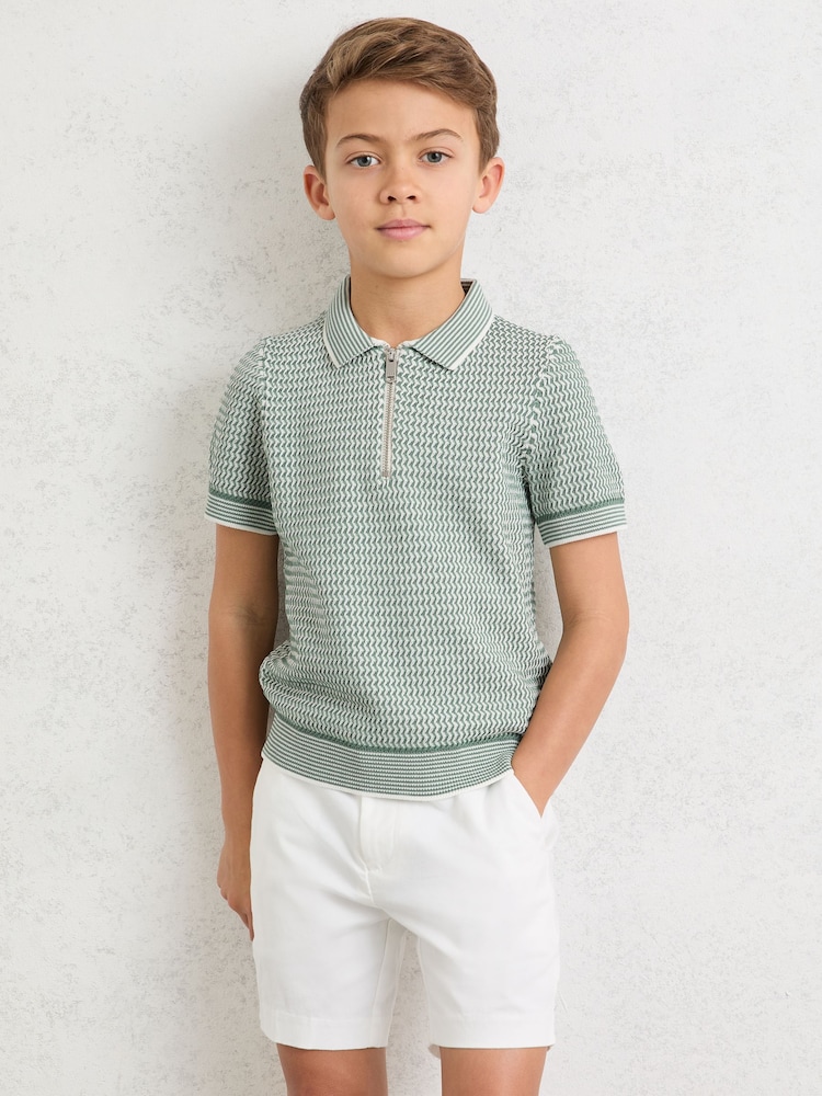 Reiss Green Brink 9-13 yrs Textured-Knit Half-Zip Polo Shirt - Image 1 of 4