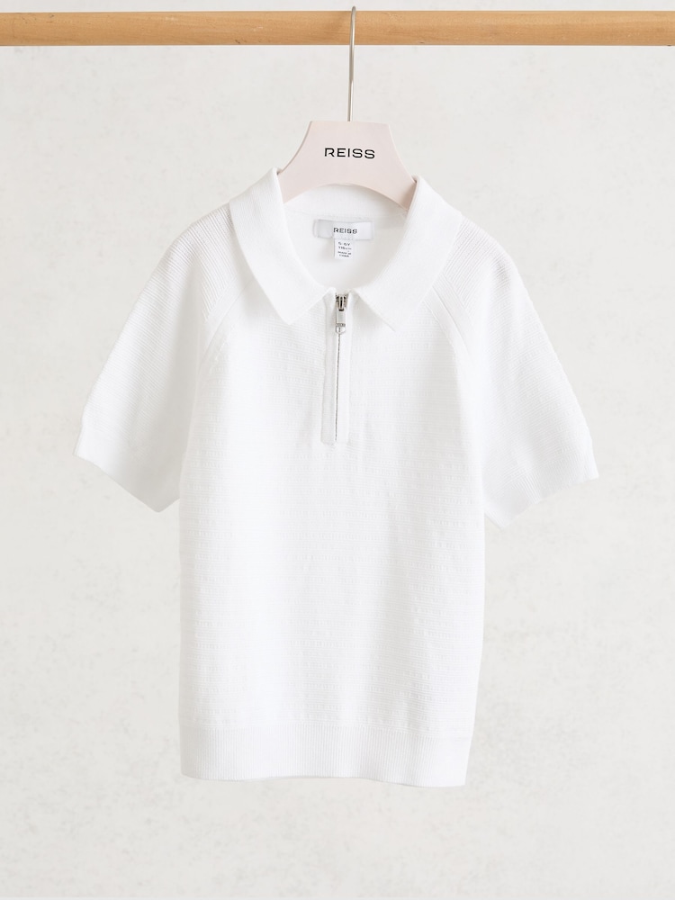 Reiss Optic White Estate Textured-Knit Half-Zip Polo Shirt - Image 1 of 3 Reiss Optic White Estate Textured-Knit Half-Zip Polo Shirt - Image 1 of 3
